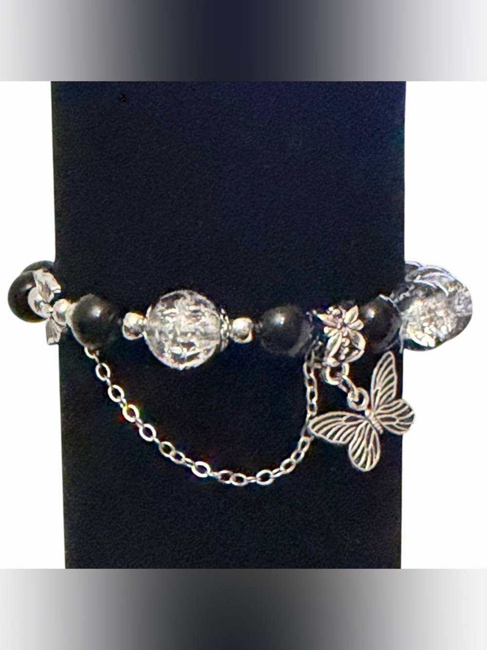 Bracelet OS Butterfly Glass Stretch Beaded Black & Silver